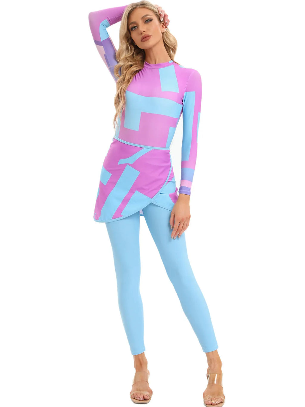 Conservative women's swimsuit three-piece set with apron cover-up in blue colour