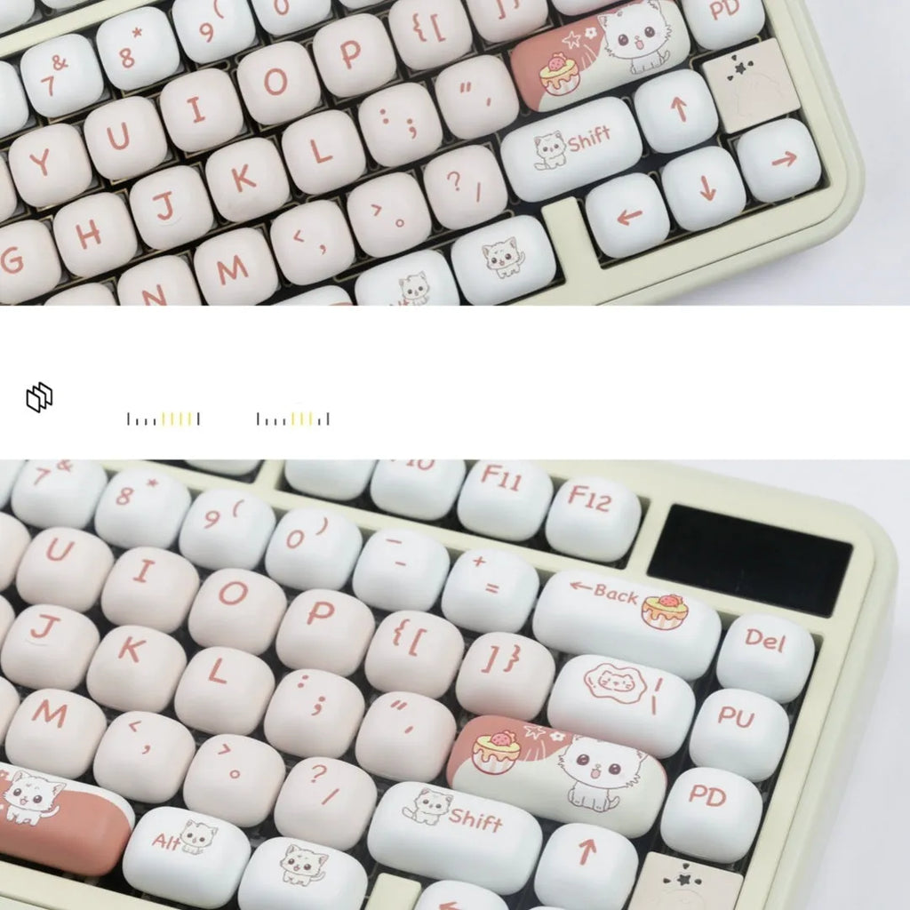 Cartoon dessert cat MOG round key cap set for mechanical keyboards, showing sublimated PBT design.