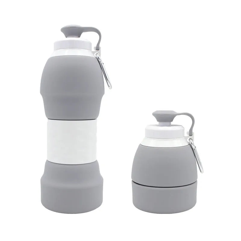 Blue silicone folding water bottle shown at full 22cm height and folded to 11cm height