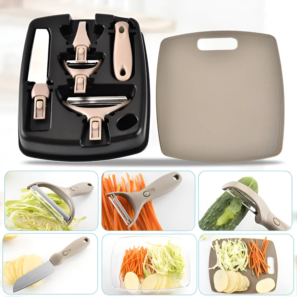 Green eight-piece stainless steel kitchen cutter set with peeler, knife, and integrated chopping board.