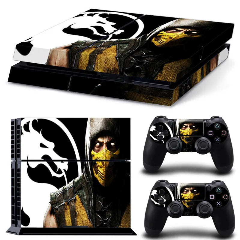 PS4 game console protective film on a console, showing ultra-thin PVC material and high-definition style options.