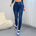 Women's dark blue breasted straight-leg jeans trousers with zip and button fastening