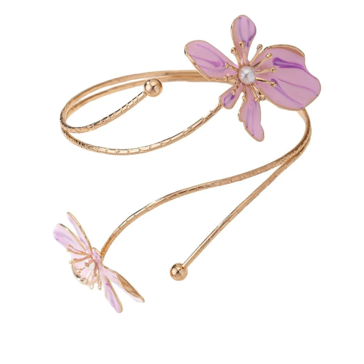 Pink adjustable alloy armband with hollow line pattern on a wrist, showing open-ended design.