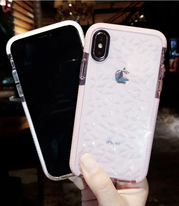 Striped TPU back case for iPhone in pink, white, and black edge colour options.
