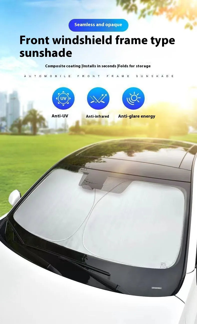 Titanium silver aluminium foil car sunshade folded, showing reflective surface and size options.