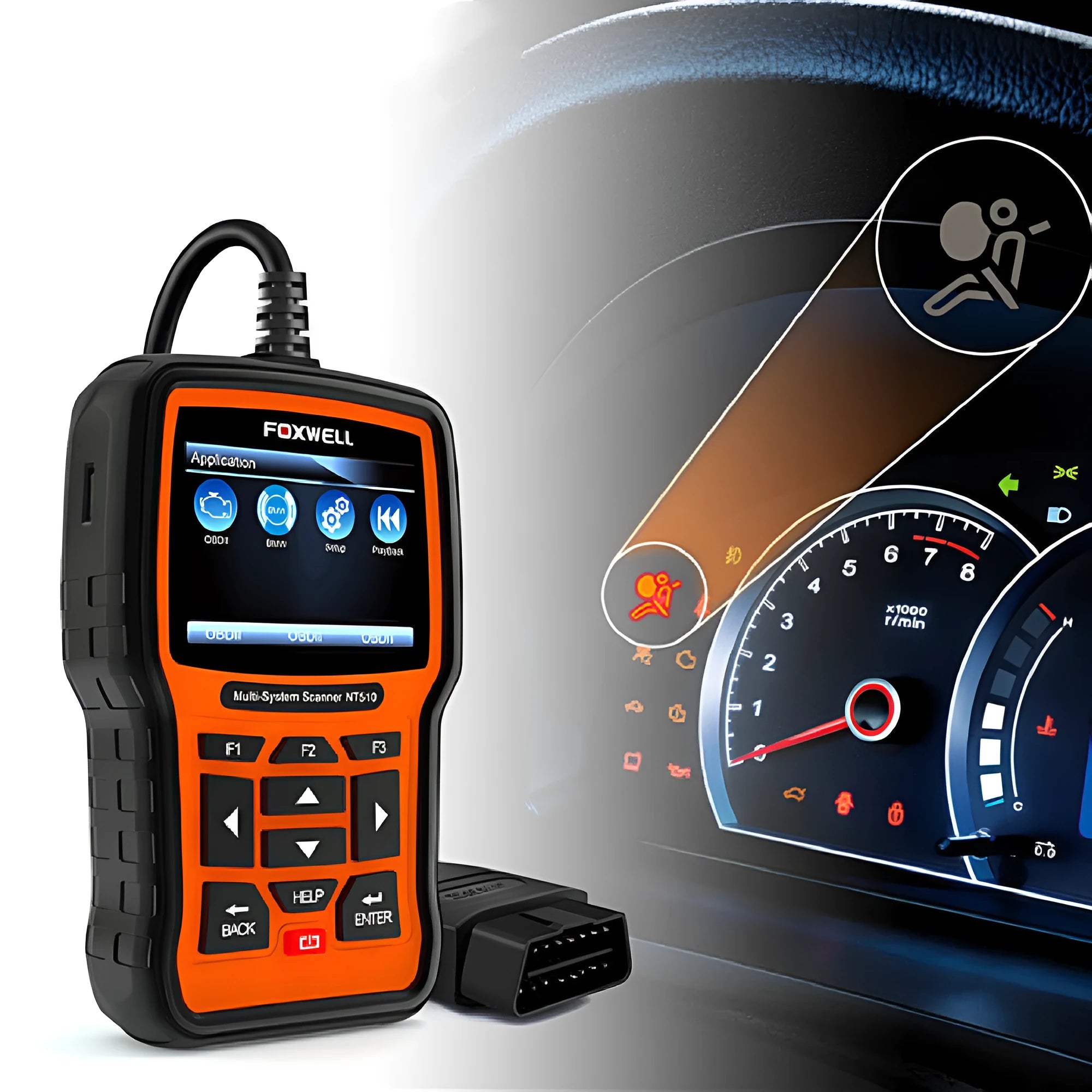 Foxwell NT510 orange and black automotive diagnostic scanner with data cable on a workshop bench