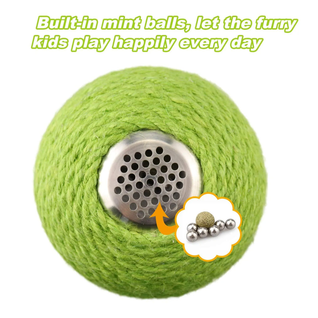 Green cactus-shaped cat scratcher ball with natural sisal scratching surfaces and integrated catnip toys