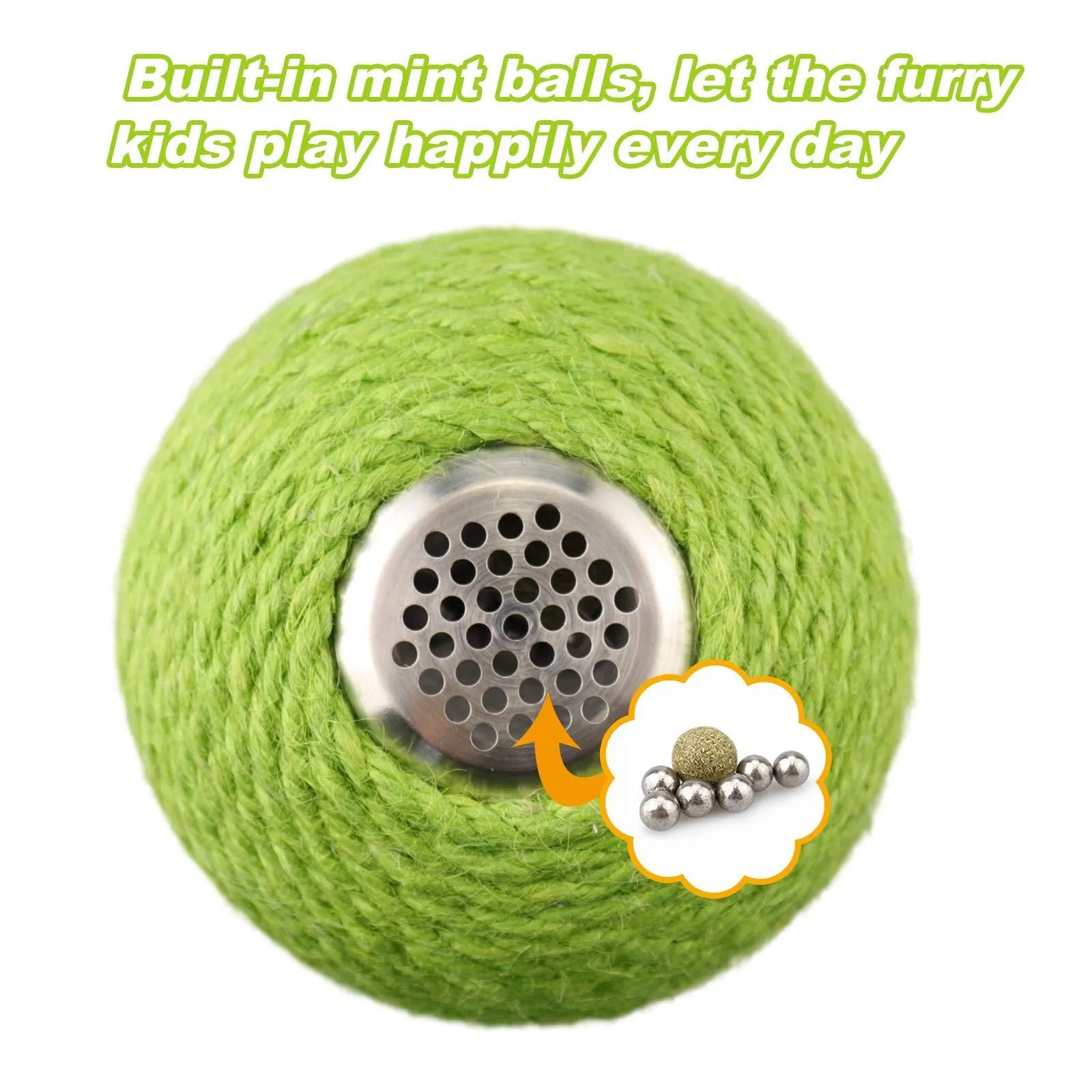 Green cactus-shaped cat scratcher ball with natural sisal scratching surfaces and integrated catnip toys