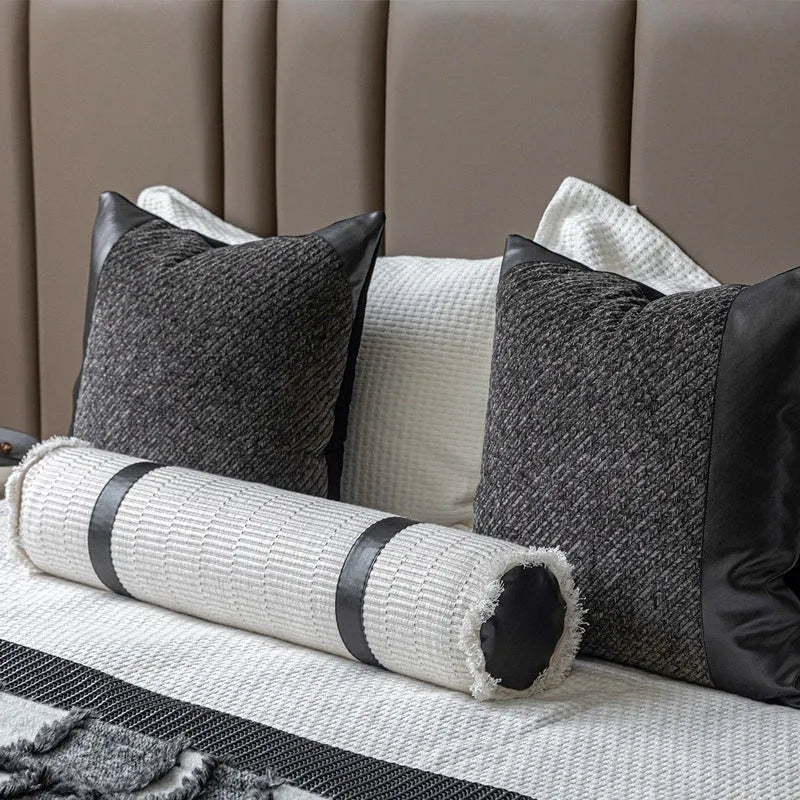 Grey and white plaid bed runner and nap blanket set with a pillow on a 1.8m bed, demonstrating universal fit.