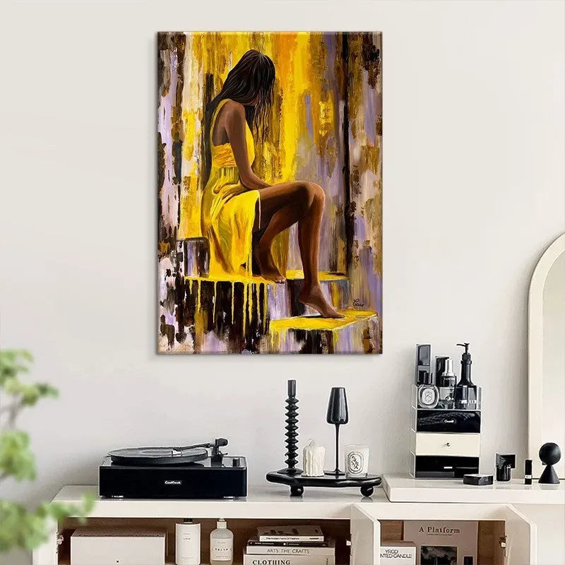 Hand-painted oil painting of a girl in a yellow dress on canvas for modern wall art