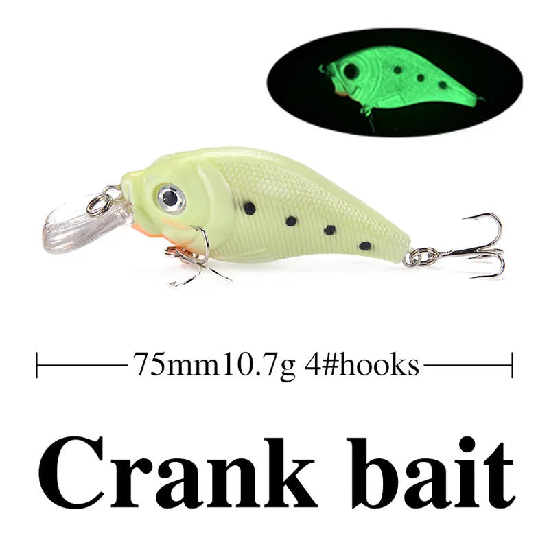 Set of five 3D fluorescent hard bait fishing lures with luminous effect on blue background.