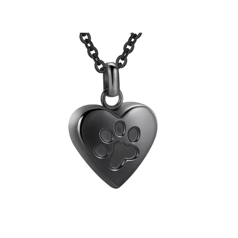 Simple titanium steel heart pendant necklace with paw print detail, a cinerary casket that opens.