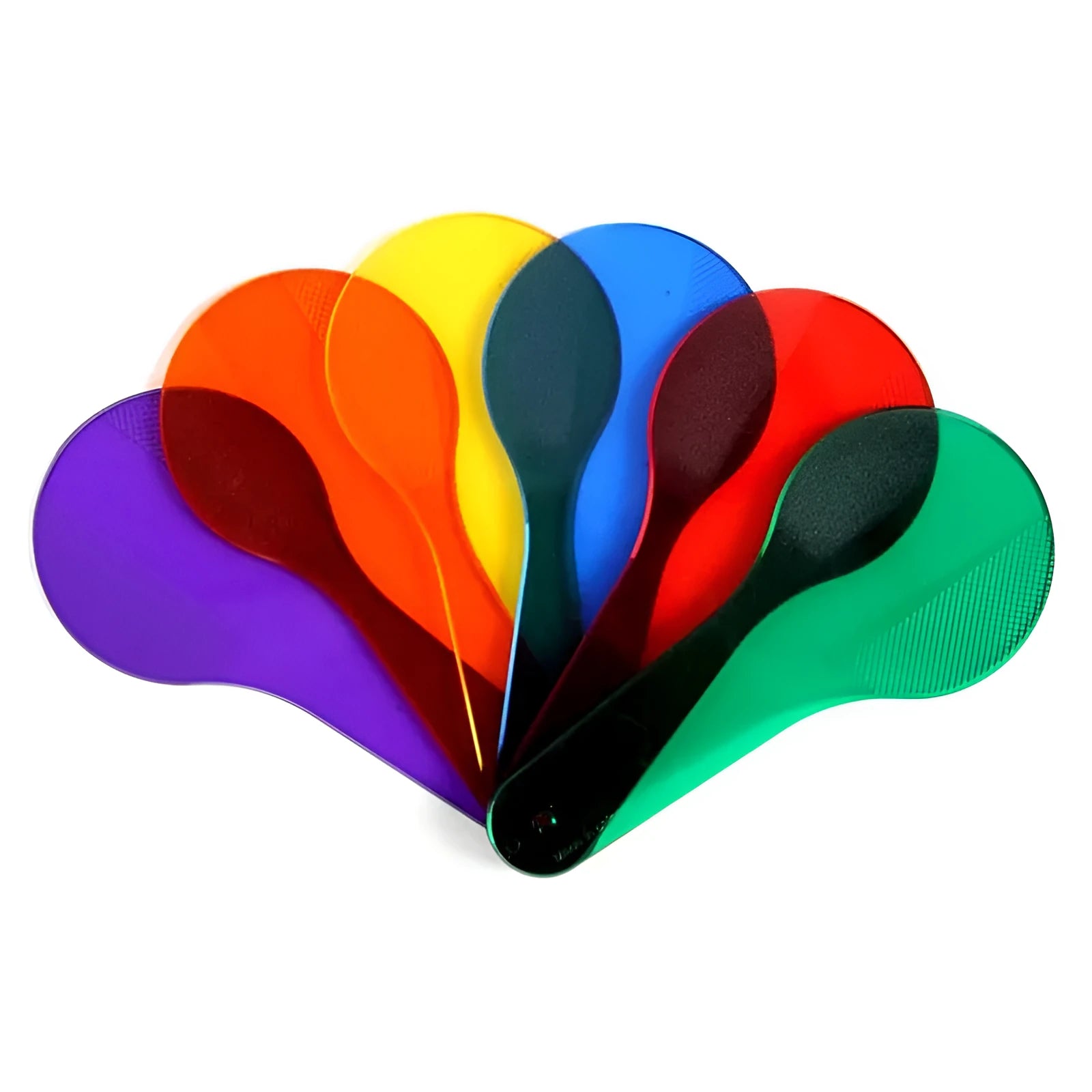 Six colourful PVC learning boards for children, showing red, yellow, blue, green, orange, and purple
