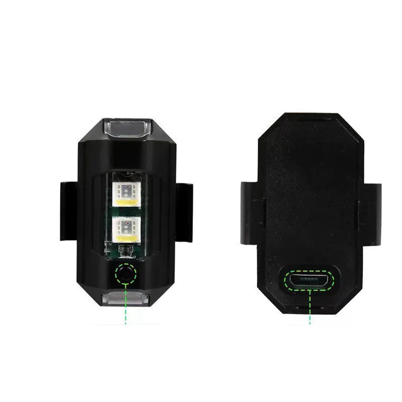 USB mini strobe warning light in ABS housing with Velcro strips for mounting on bicycle or motorcycle