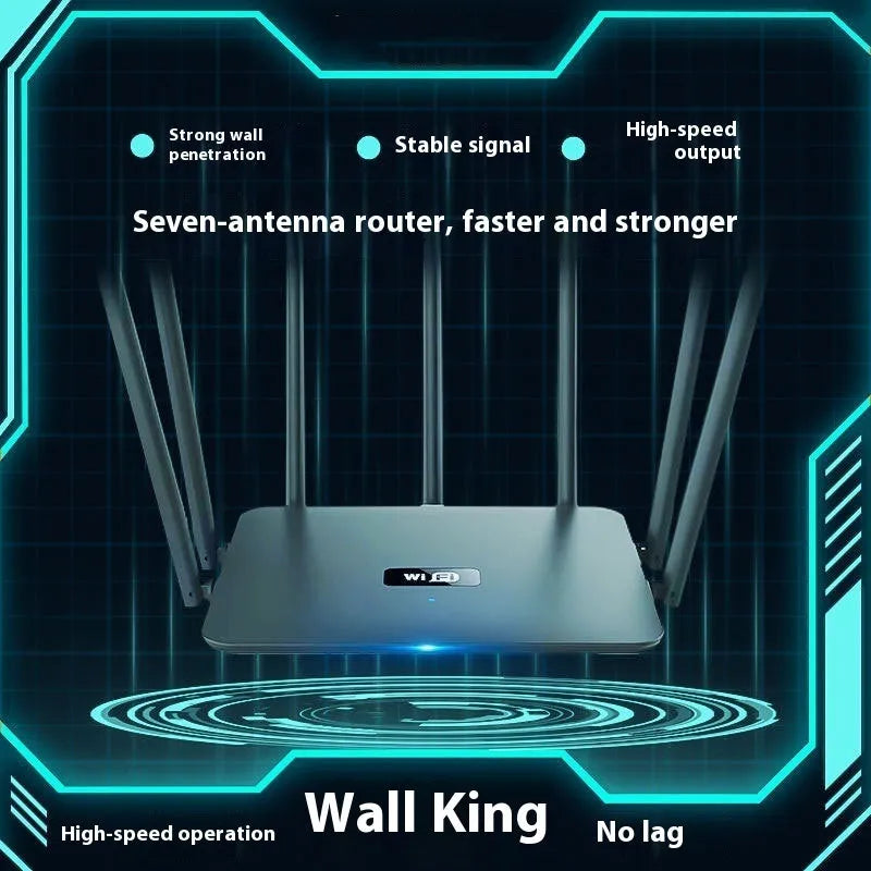 Black and white dual-band 5G gigabit home router with multiple antennas on a desk.