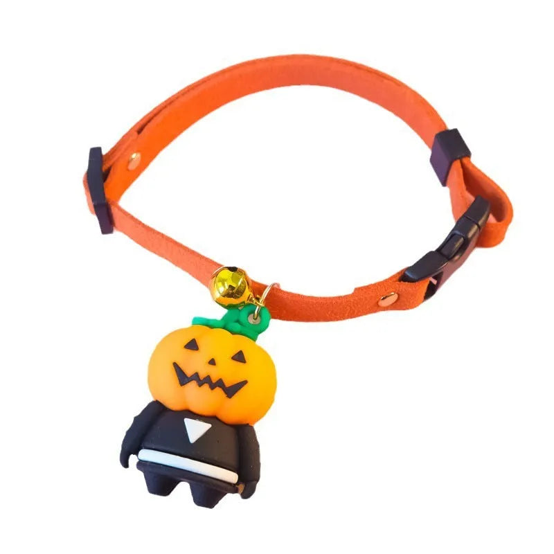 Halloween dog collar with luminous Pumpkin Man design, adjustable polyester strap.