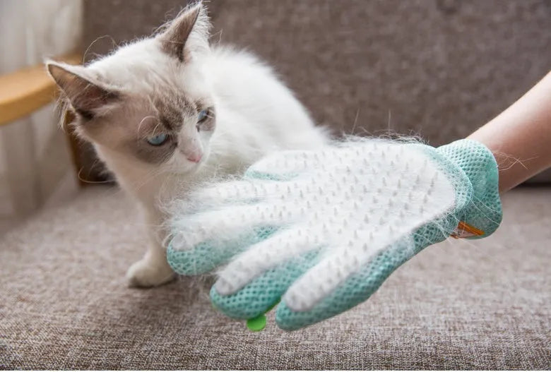 Pet hair removal silicone grooming glove for cats and dogs, pink, with elastic wrist and textured palm