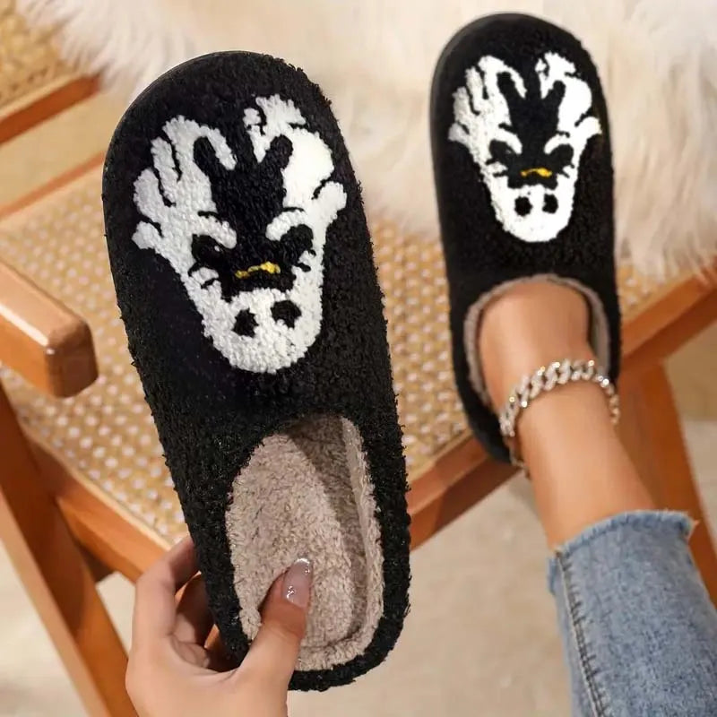 Pair of cartoon ghost embroidery closed-toe slippers with plush upper and non-slip TPR sole