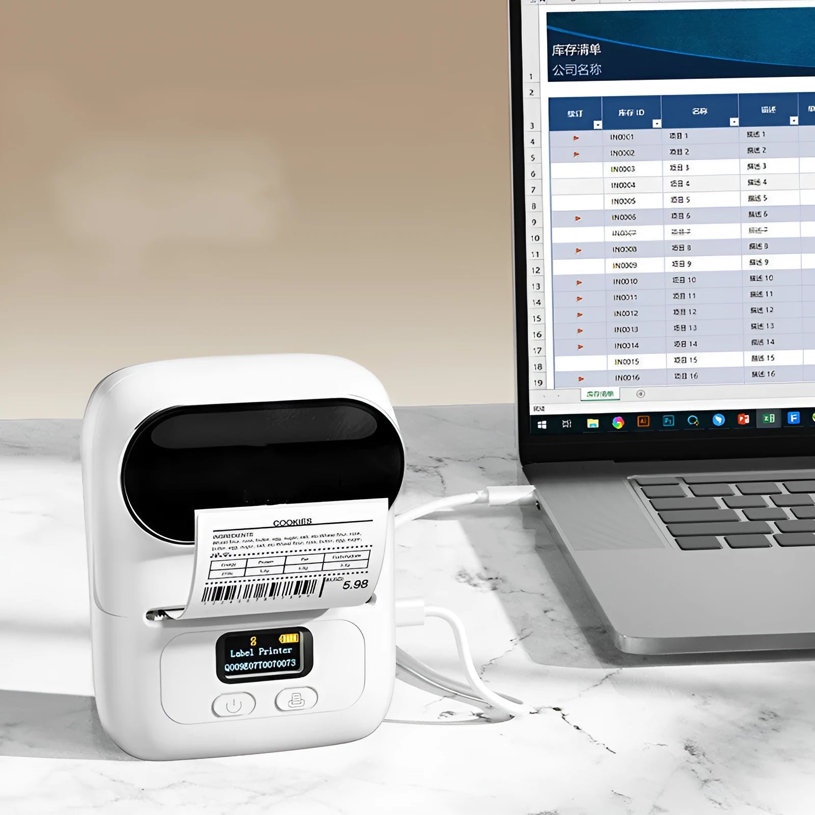 Bluetooth handheld bar code printer in plastic casing with 2-inch ink wheel and USB port