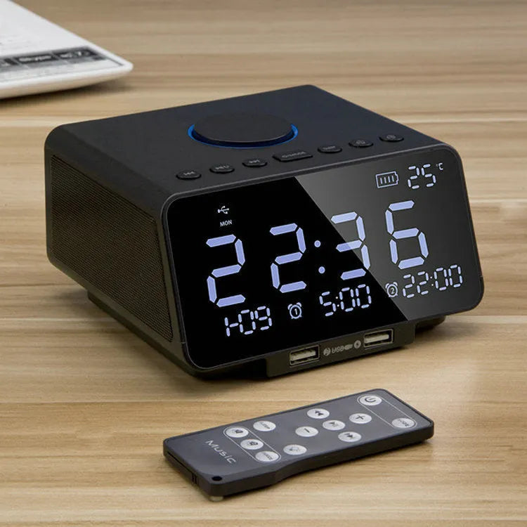 Black and white Bluetooth speaker alarm clock with dual drivers and control buttons