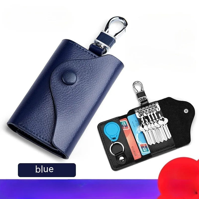Men's genuine leather keycard holder with key fob in square Korean-style design