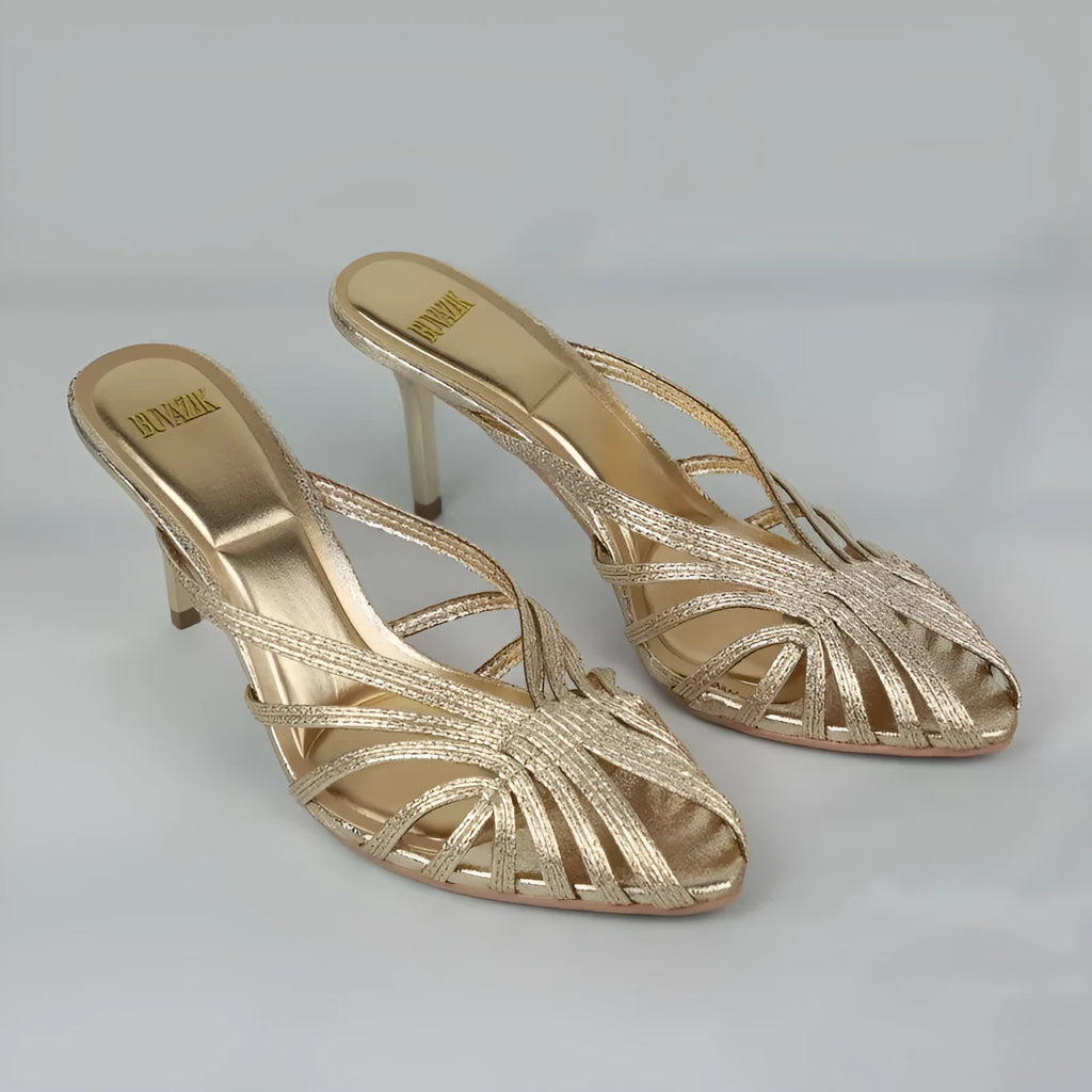 Gold hollow thin strip women's heels with pointed toe, inner height increase, EPR sole and second layer pigskin lining