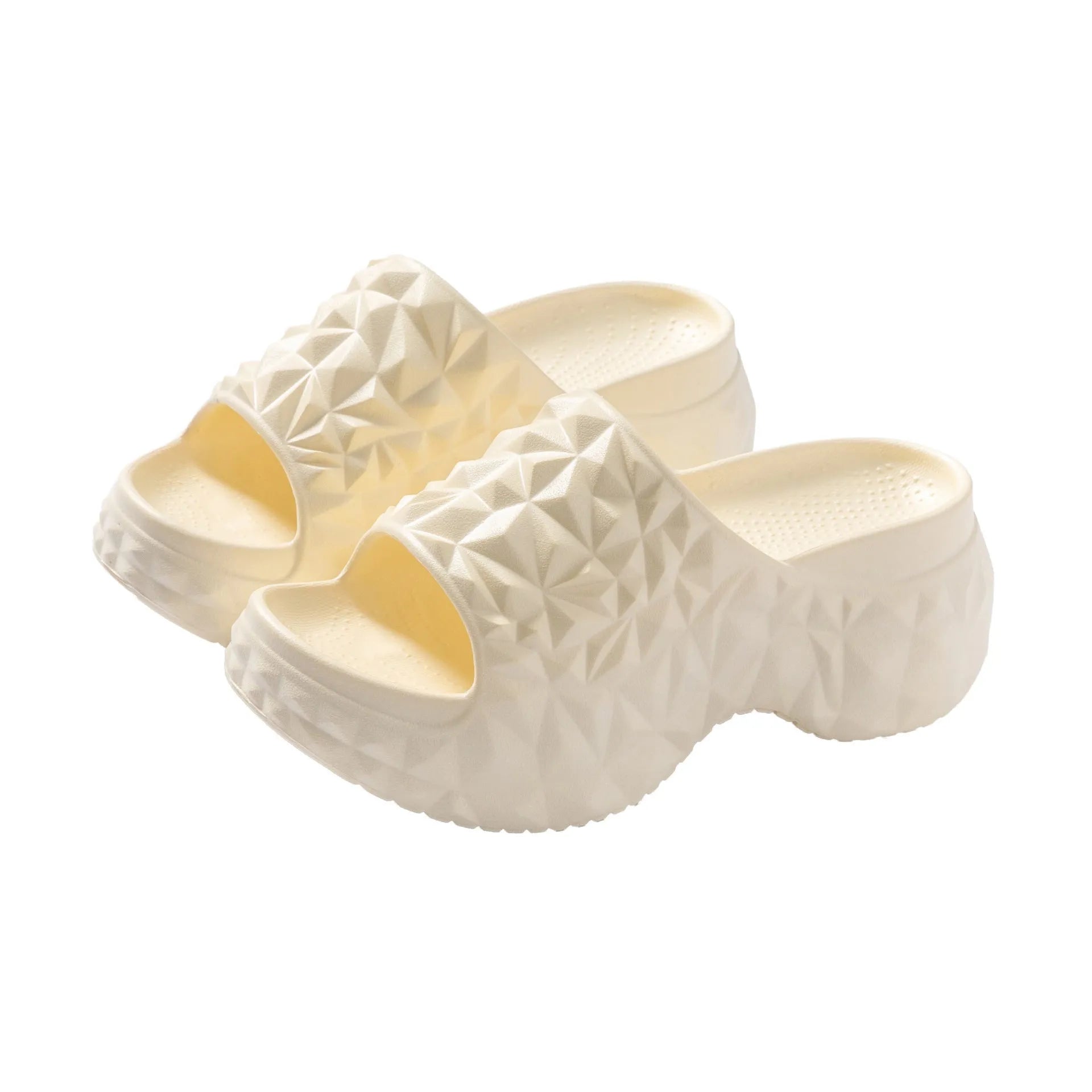 Women's khaki high heel Eva flip flop slippers with a thick sole on a white background.