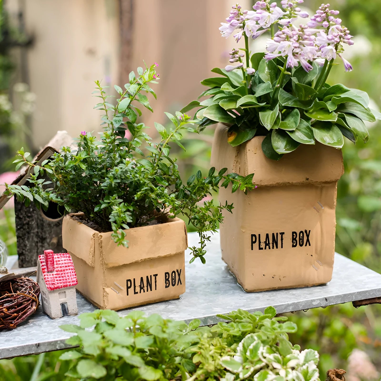 Cement brown paper box style flowerpot with drainage holes for indoor plants
