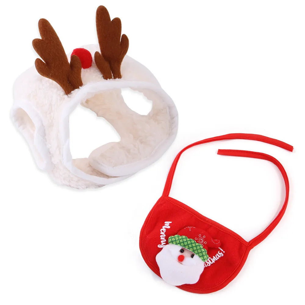 Christmas pet costume with velvet hat and bib in red, green, and white antler options, sizes S and M