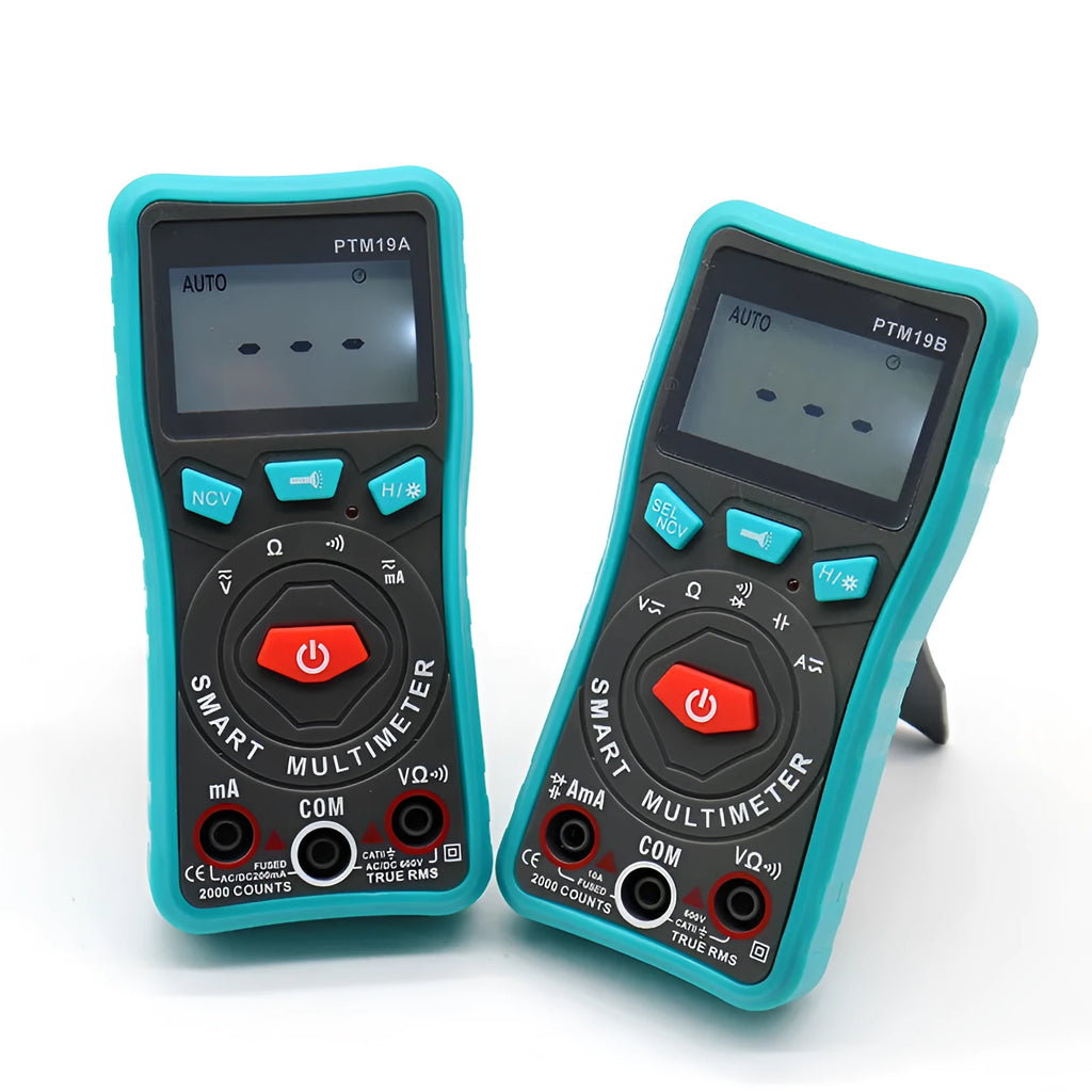 Green automatic digital multimeter with LCD screen and rear stand, dimensions 132x64x25mm.