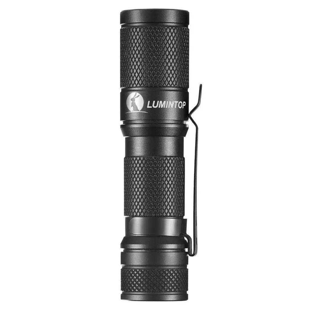 Black Lumintop Tool AA 2.0 aluminium keychain flashlight with magnetic tail cap on a keyring.
