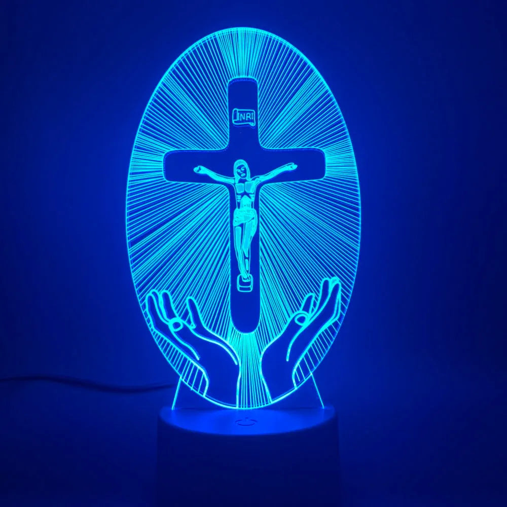 Cross acrylic 3D night light with LED, showing 200x150mm slim panel and colour glow