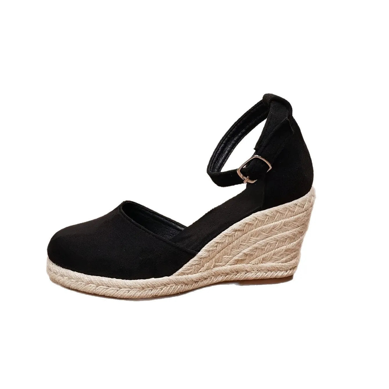 Women's apricot and black wedge sandals with suede upper and buckle closure on rubber sole