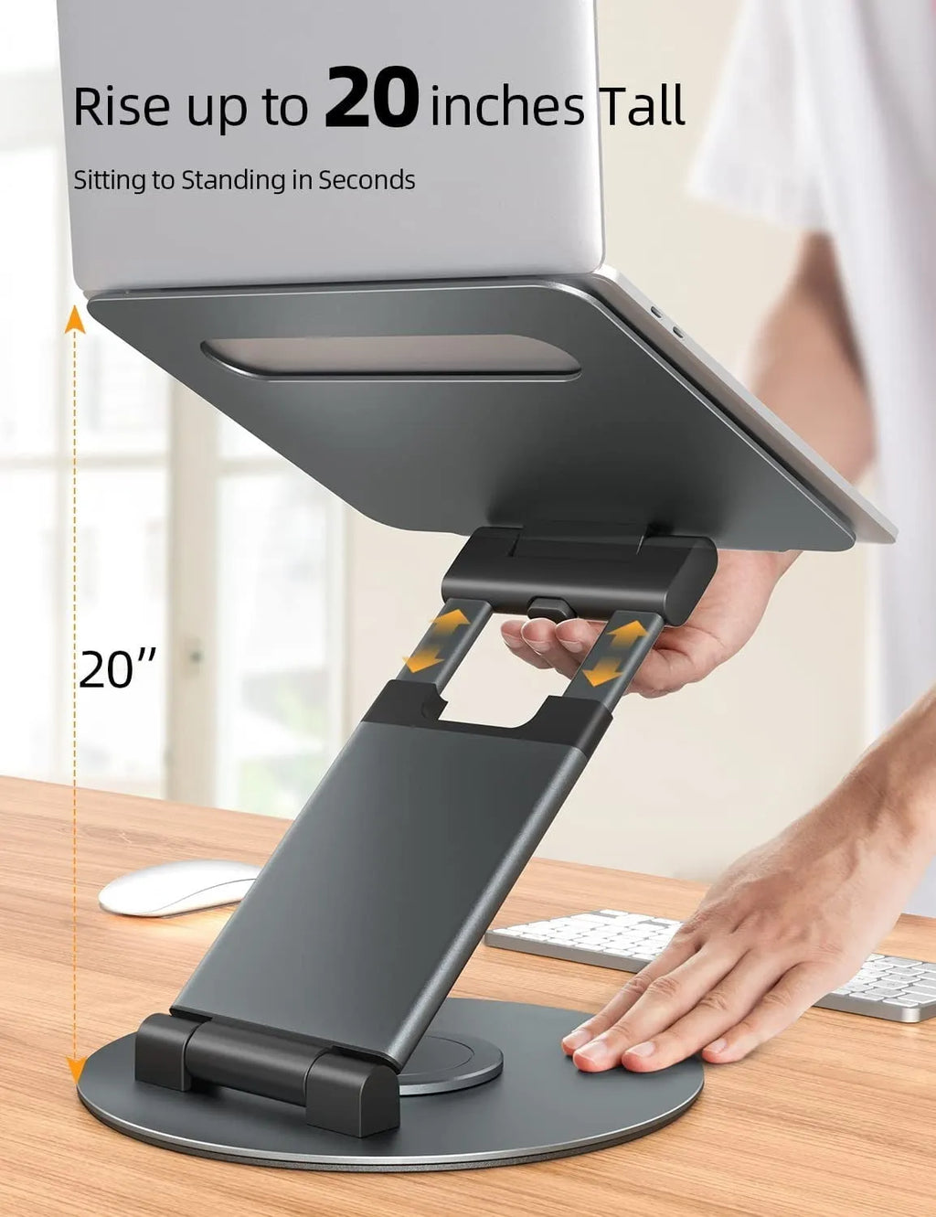 Aluminum alloy laptop bracket with adjustable base and 360-degree rotation on a desk
