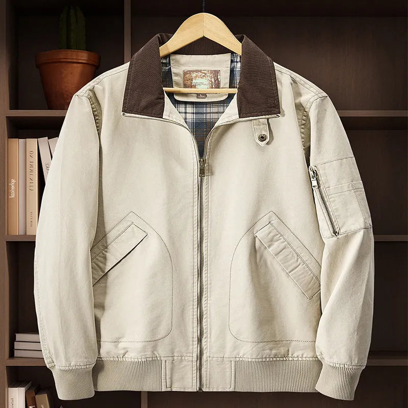 Men's plus size washed cotton loose-fit flight jacket in army green