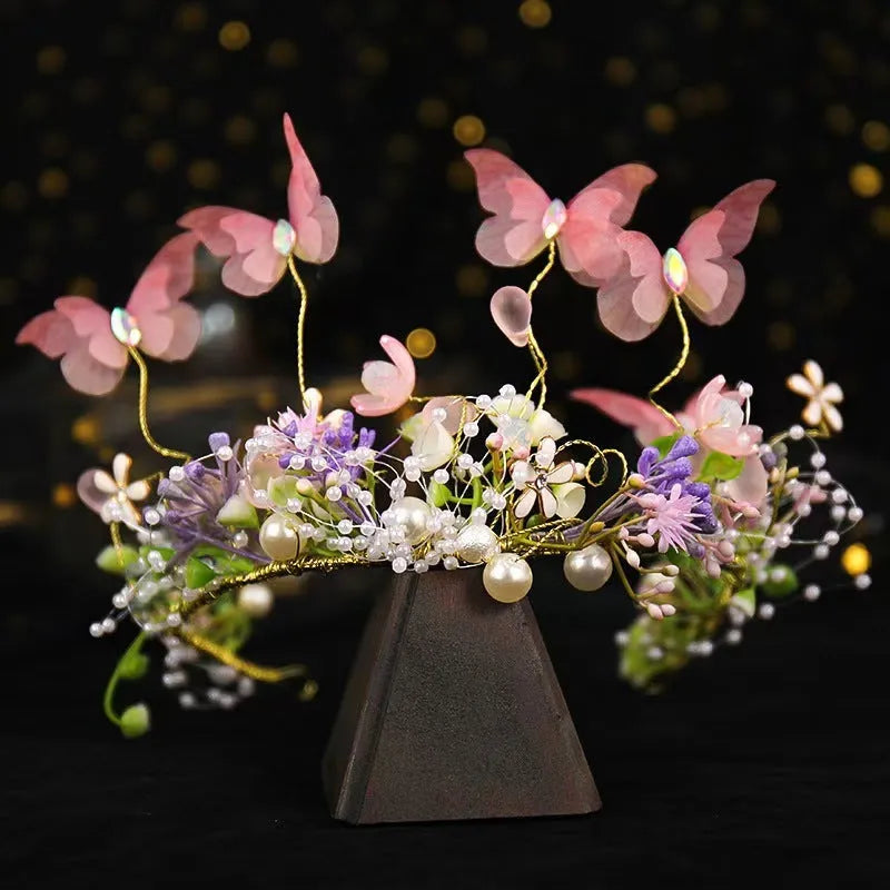 Children's Mori style flower garland headband with lace, shown in blue or pink Super Fairy hair garland design