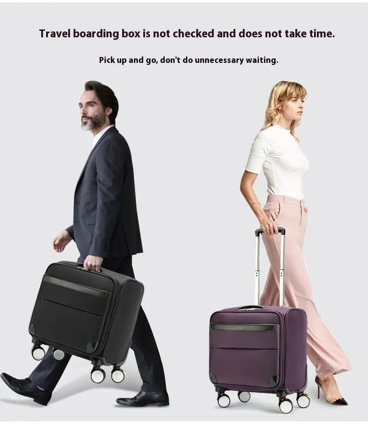 Black 18-inch Oxford cloth carry-on suitcase with retractable handle and four spinner wheels on a neutral background.