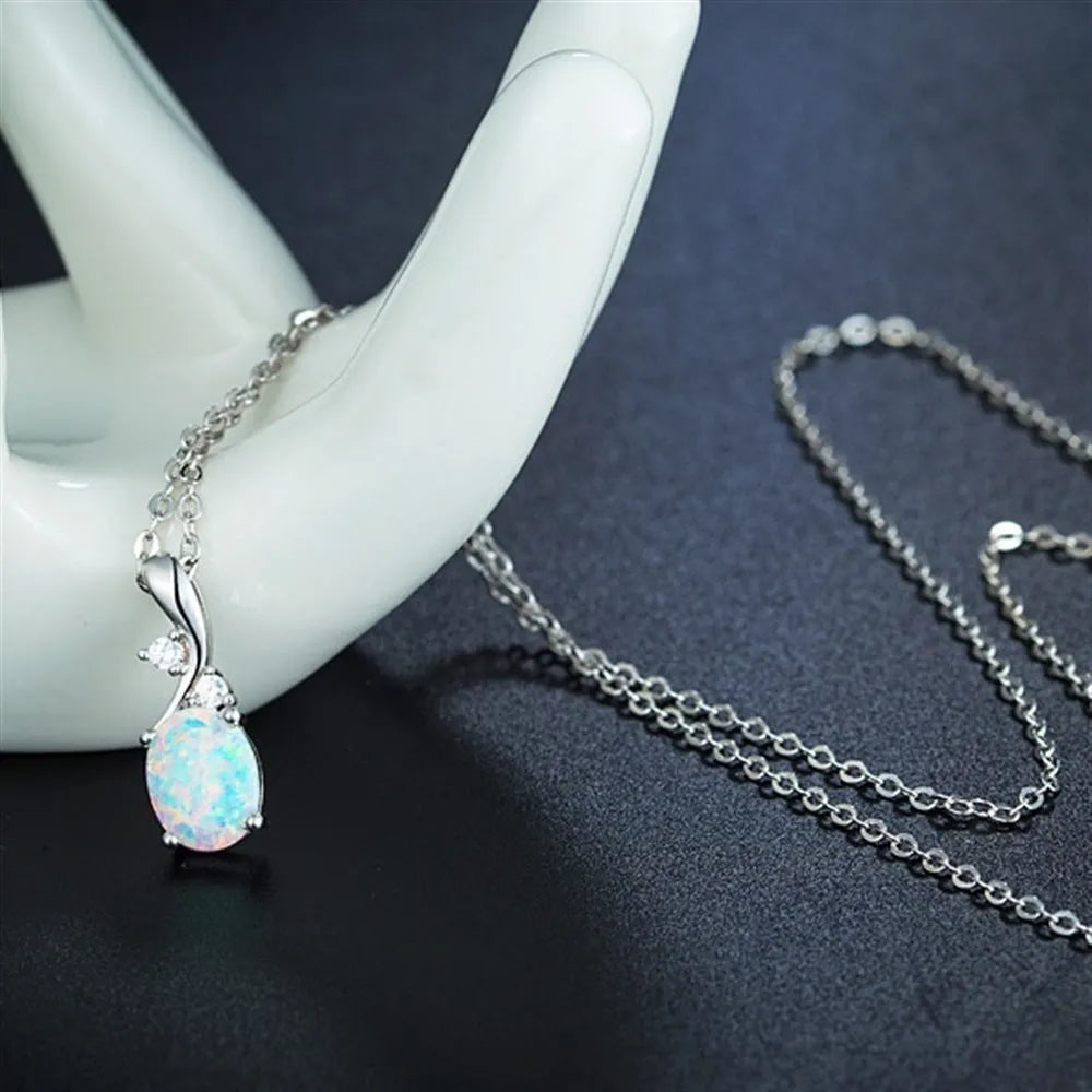 Water drop shaped opal pendant necklace with adjustable O-shaped alloy chain in rose gold or white