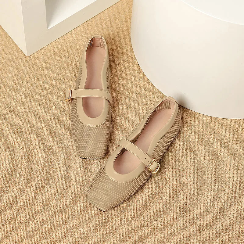 Women's beige mesh flat-heel pump with a square toe and buckle fastening.