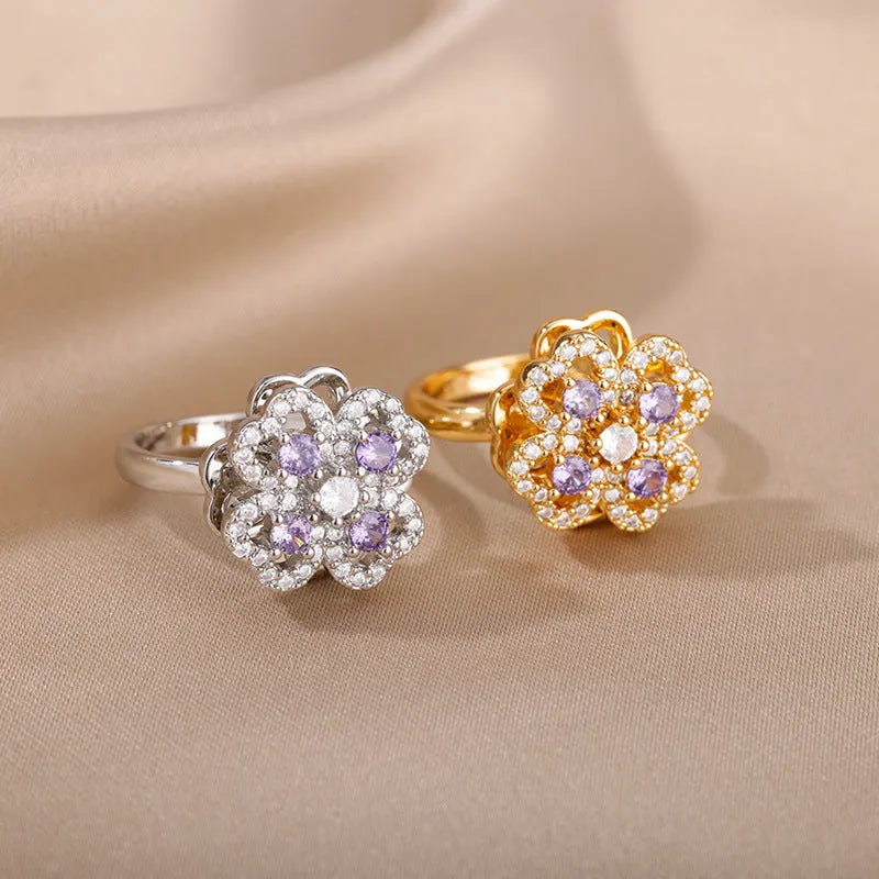 Rotatable flower ring with rhinestones in gold copper finish for women