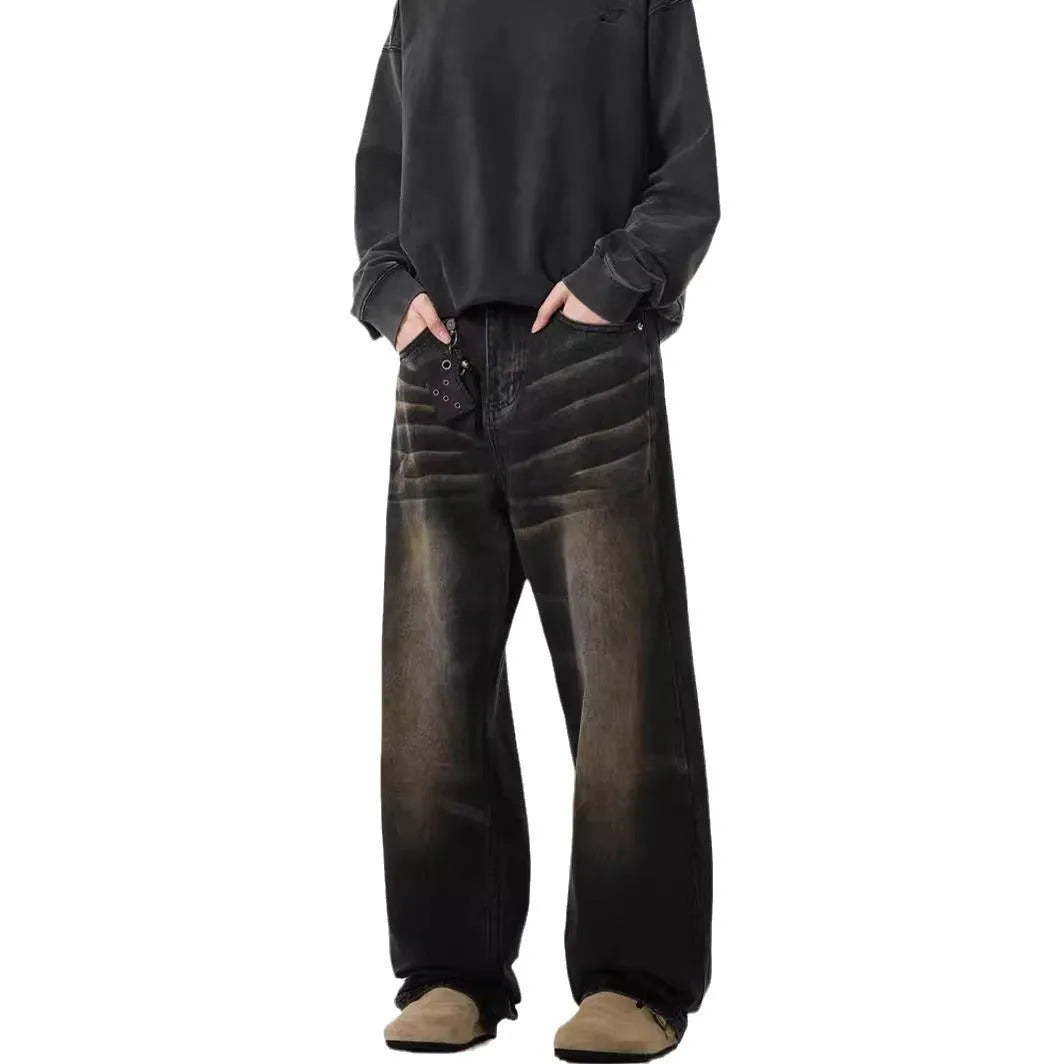 Men's retro straight-leg jeans in Black Gray, low waist, high elasticity denim, available in sizes S-3XL