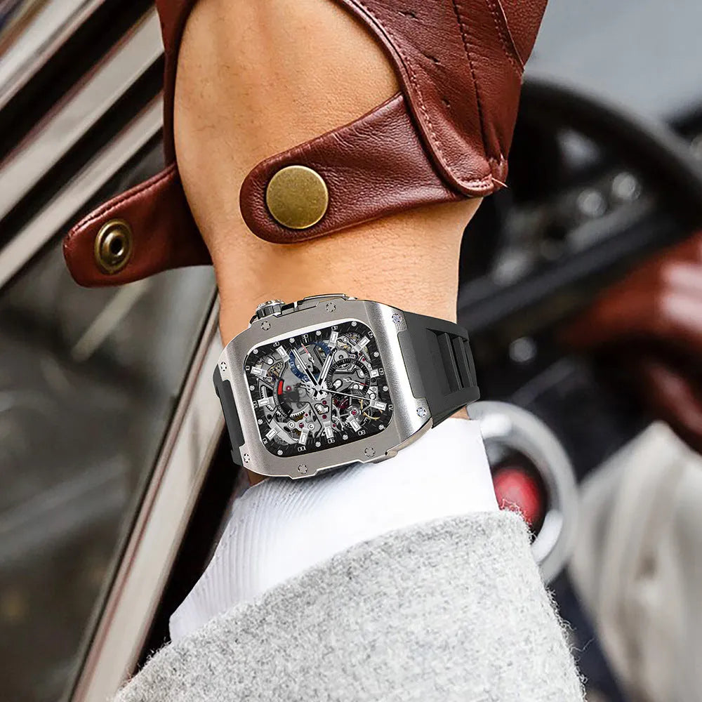 Alloy modified watch protective case for Apple Watch 44mm and 45mm in titanium alloy and fluorine rubber, shown in multiple colours.