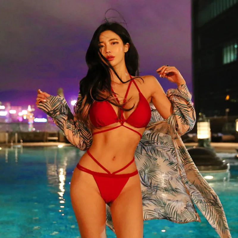 Black and red women's two-piece nylon bikini set for swimming.