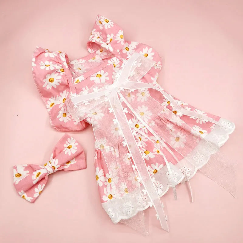 Dog skirt set with lace trim and bow necklace in black daisy, pink daisy, or pink plaid bow, sizes XS to XL