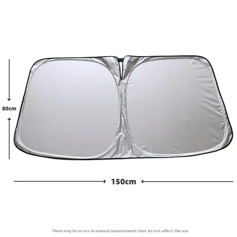 Titanium silver aluminium foil car sunshade folded, showing reflective surface and size options.