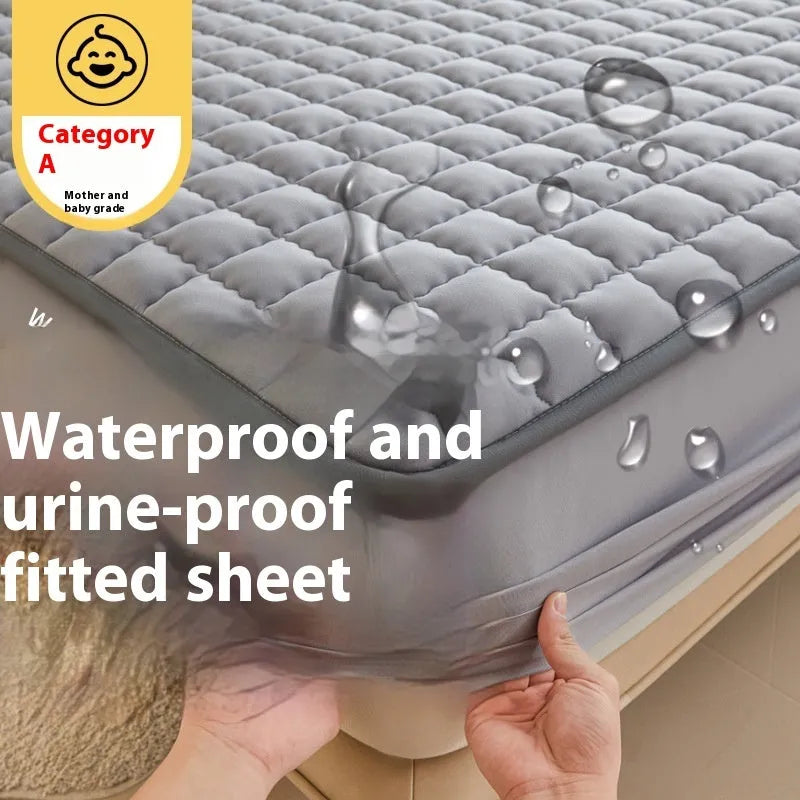 Blue waterproof fitted sheet with elasticated corners on a mattress.