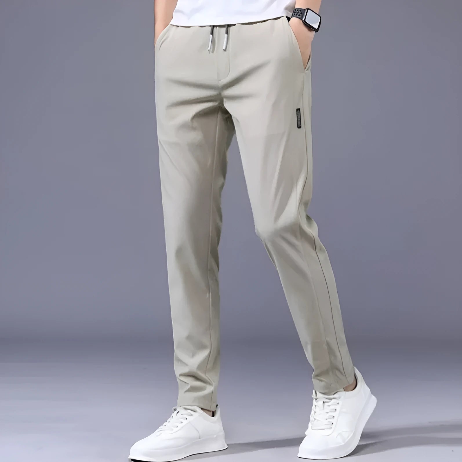Men's loose straight drawstring sweatpants in khaki, summer casual thin trousers Korean version