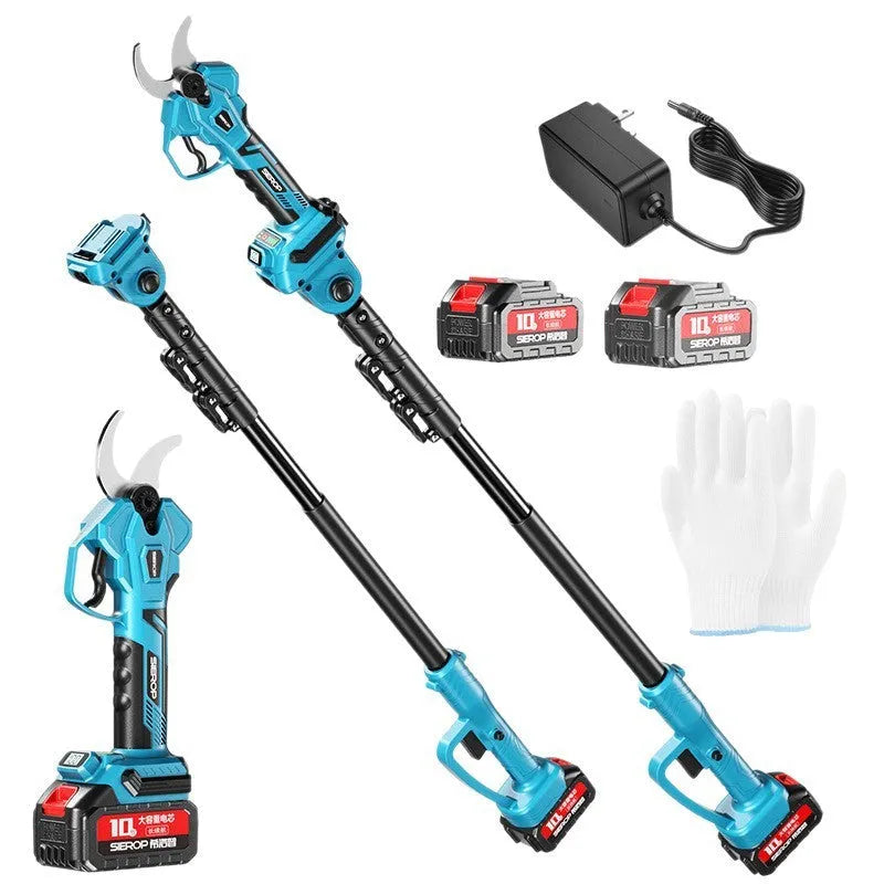 Electric pruning saw with 6-inch SK5 steel blade and 2.5m extension pole on a garden background