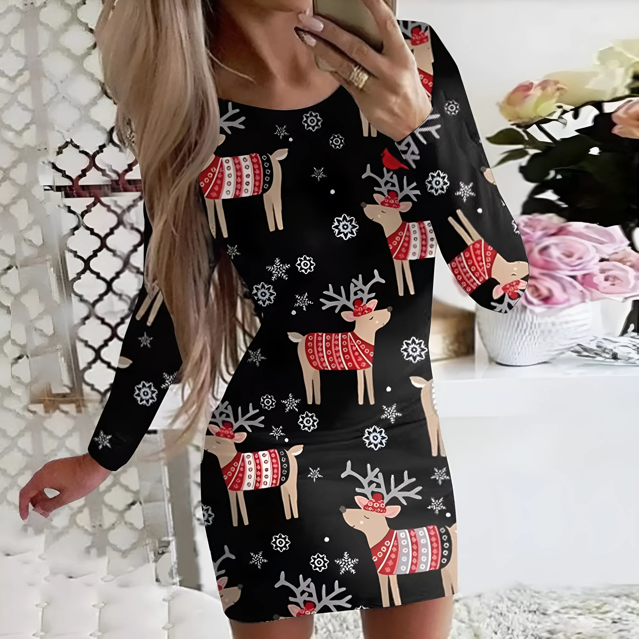 Red printed Christmas dress with animal pattern, round neck, long sleeves, and a tight-fitting hip skirt.
