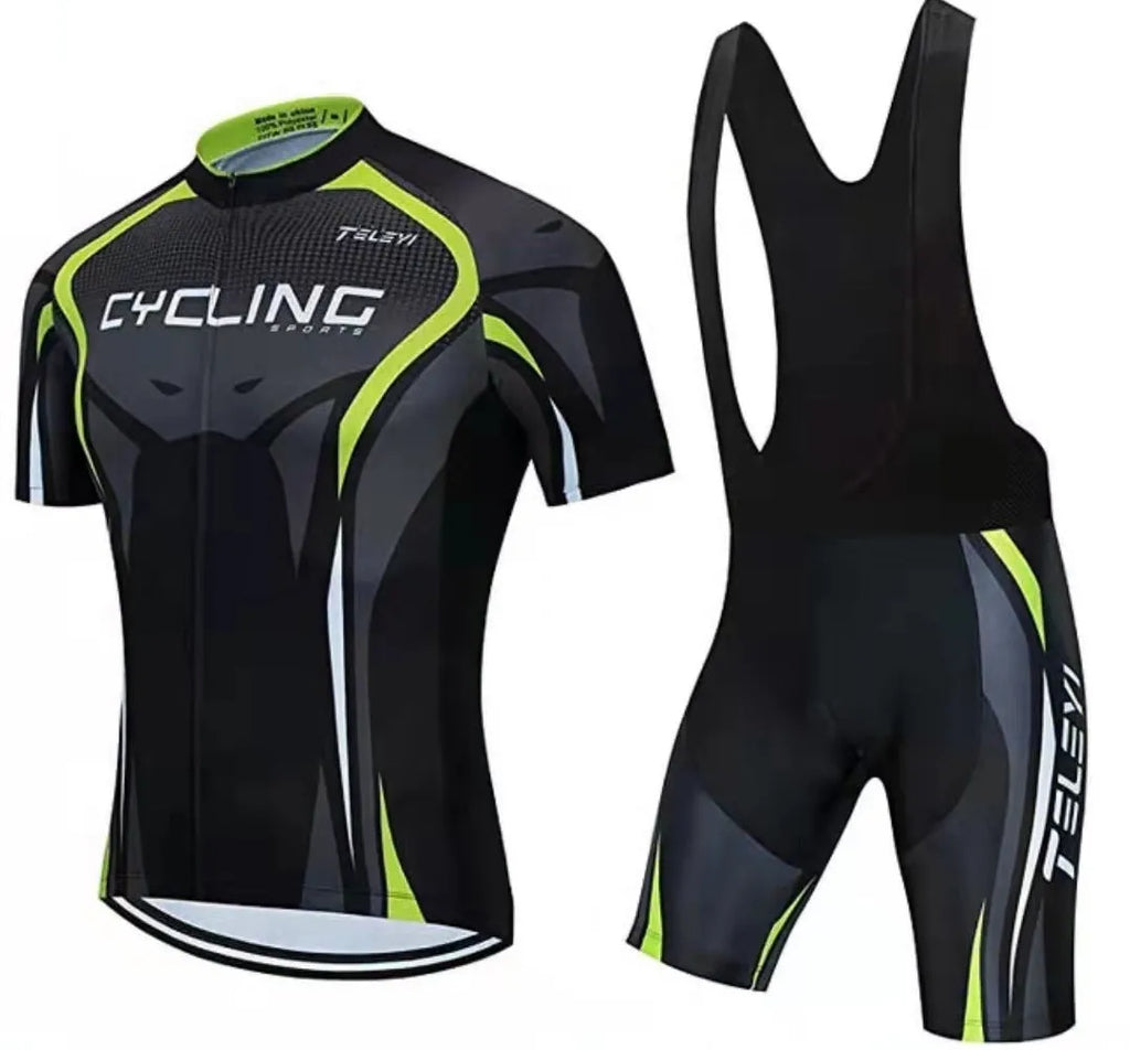 Cycling jersey and bib shorts set for men and women in a moisture-wicking fabric.